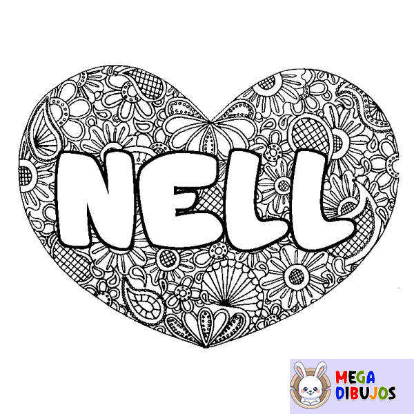 Coloraci&oacute;n del nombre NELL - decorado mandala de coraz&oacute;n