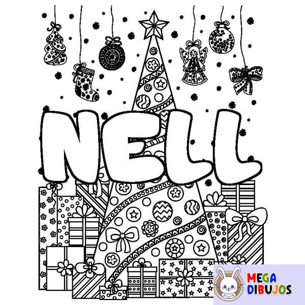 Coloraci&oacute;n del nombre NELL - decorado &aacute;rbol de Navidad y regalos