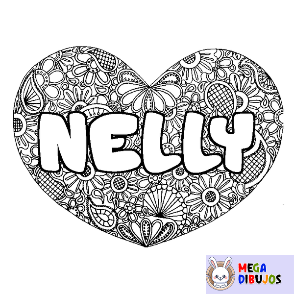 Coloraci&oacute;n del nombre NELLY - decorado mandala de coraz&oacute;n