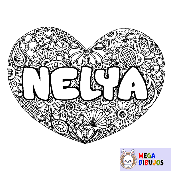 Coloraci&oacute;n del nombre NELYA - decorado mandala de coraz&oacute;n