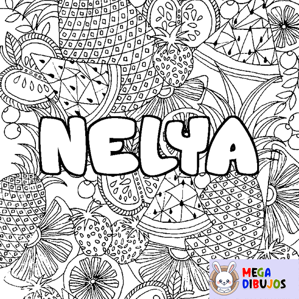 Coloraci&oacute;n del nombre NELYA - decorado mandala de frutas
