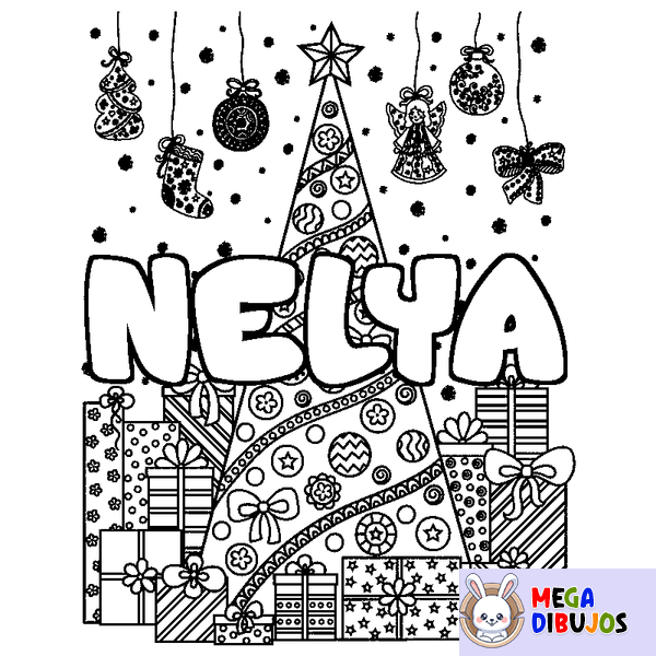 Coloraci&oacute;n del nombre NELYA - decorado &aacute;rbol de Navidad y regalos