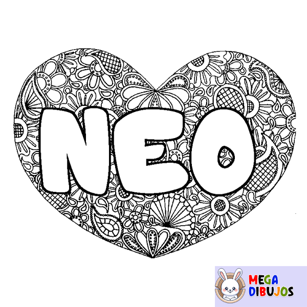 Coloraci&oacute;n del nombre NEO - decorado mandala de coraz&oacute;n