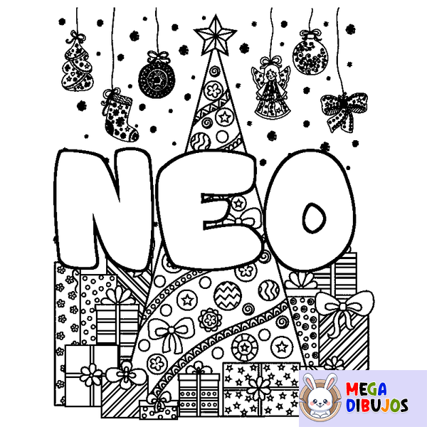 Coloraci&oacute;n del nombre NEO - decorado &aacute;rbol de Navidad y regalos