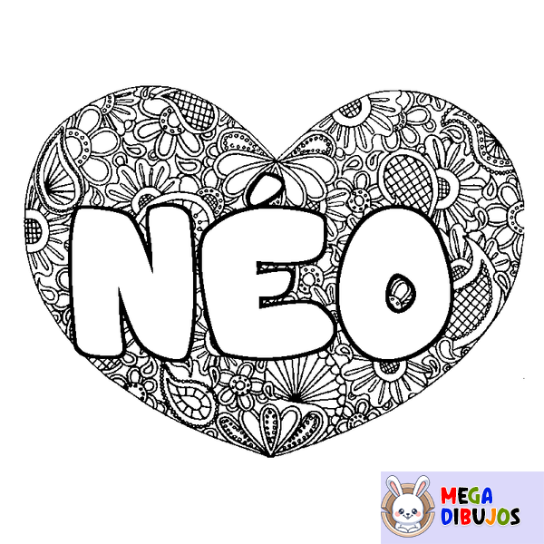 Coloraci&oacute;n del nombre N&Eacute;O - decorado mandala de coraz&oacute;n