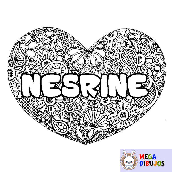 Coloraci&oacute;n del nombre NESRINE - decorado mandala de coraz&oacute;n