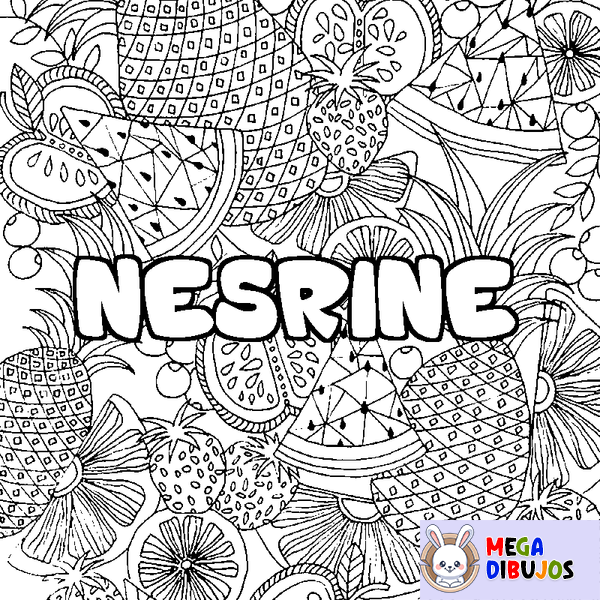 Coloraci&oacute;n del nombre NESRINE - decorado mandala de frutas