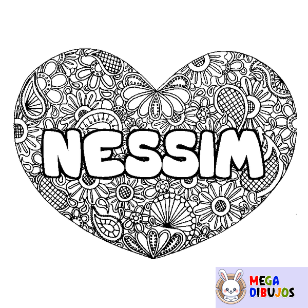 Coloraci&oacute;n del nombre NESSIM - decorado mandala de coraz&oacute;n