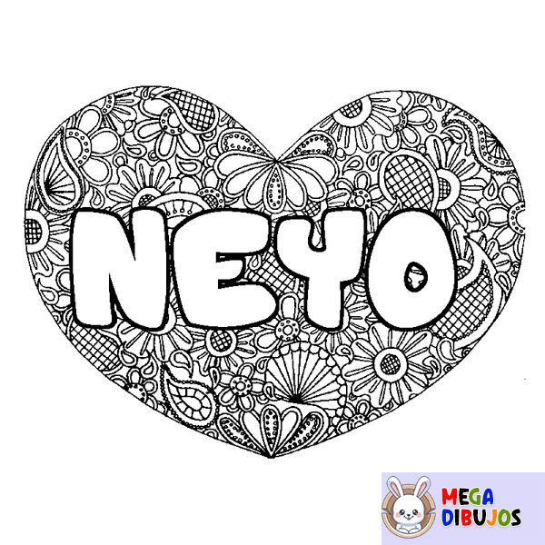 Coloraci&oacute;n del nombre NEYO - decorado mandala de coraz&oacute;n