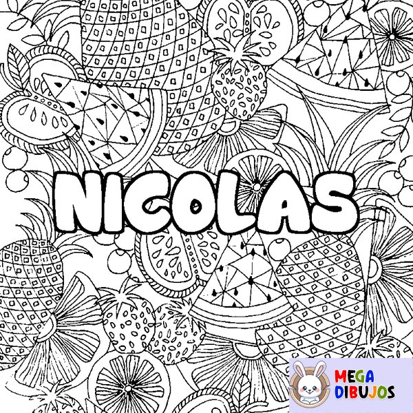Coloraci&oacute;n del nombre NICOLAS - decorado mandala de frutas