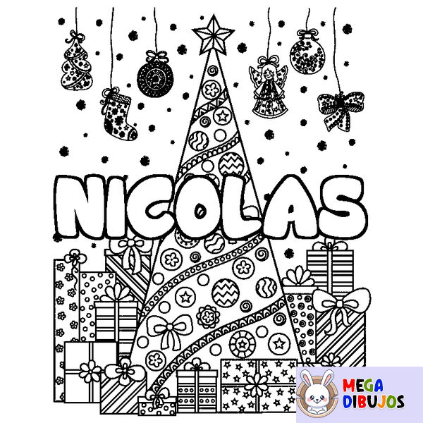 Coloraci&oacute;n del nombre NICOLAS - decorado &aacute;rbol de Navidad y regalos