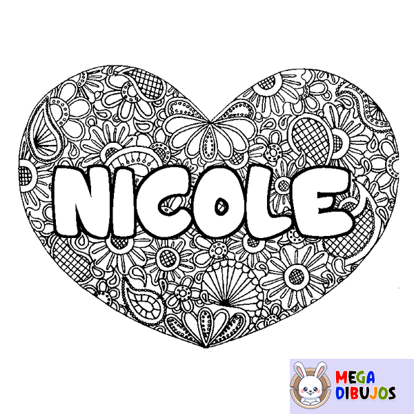 Coloraci&oacute;n del nombre NICOLE - decorado mandala de coraz&oacute;n