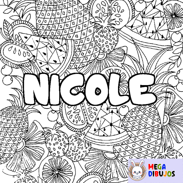 Coloraci&oacute;n del nombre NICOLE - decorado mandala de frutas