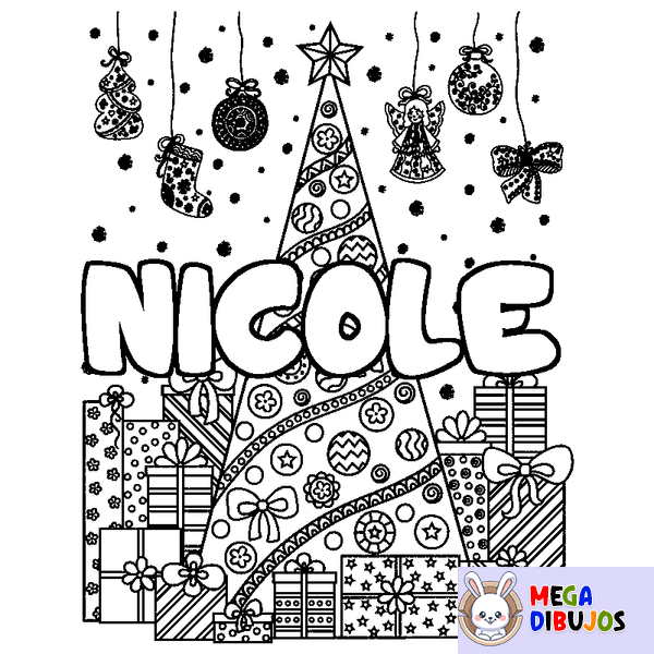 Coloraci&oacute;n del nombre NICOLE - decorado &aacute;rbol de Navidad y regalos