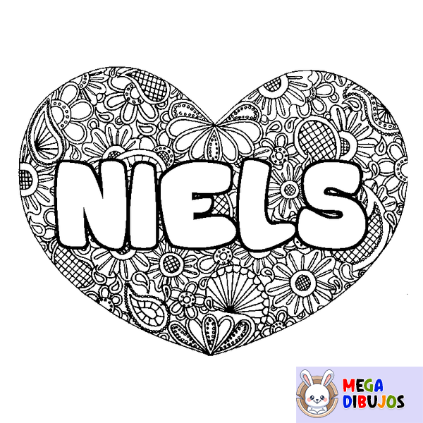 Coloraci&oacute;n del nombre NIELS - decorado mandala de coraz&oacute;n