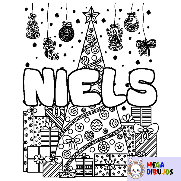 Coloraci&oacute;n del nombre NIELS - decorado &aacute;rbol de Navidad y regalos
