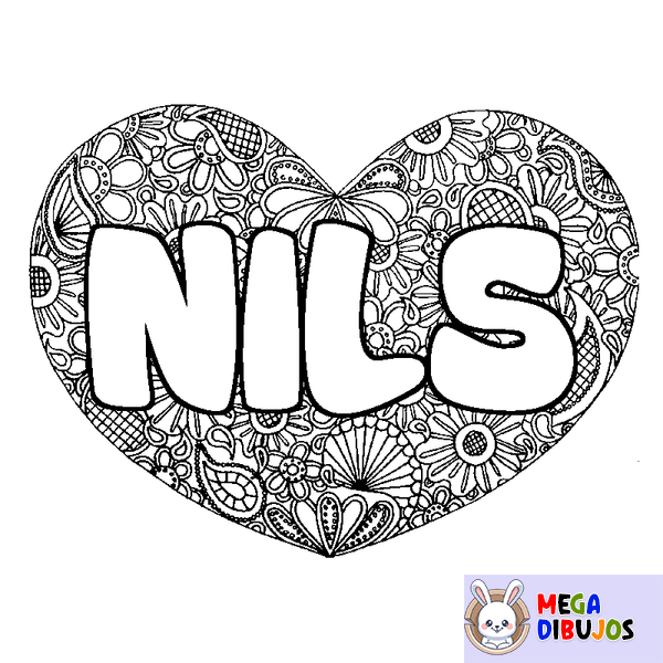 Coloraci&oacute;n del nombre NILS - decorado mandala de coraz&oacute;n