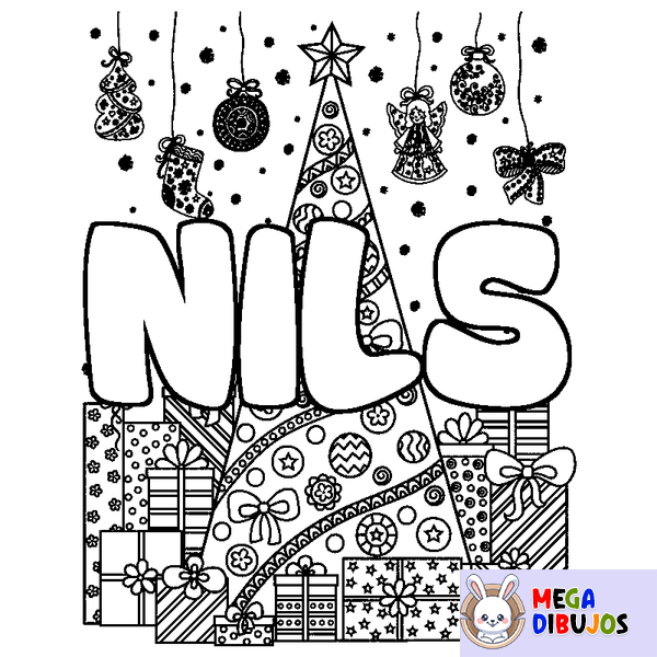 Coloraci&oacute;n del nombre NILS - decorado &aacute;rbol de Navidad y regalos