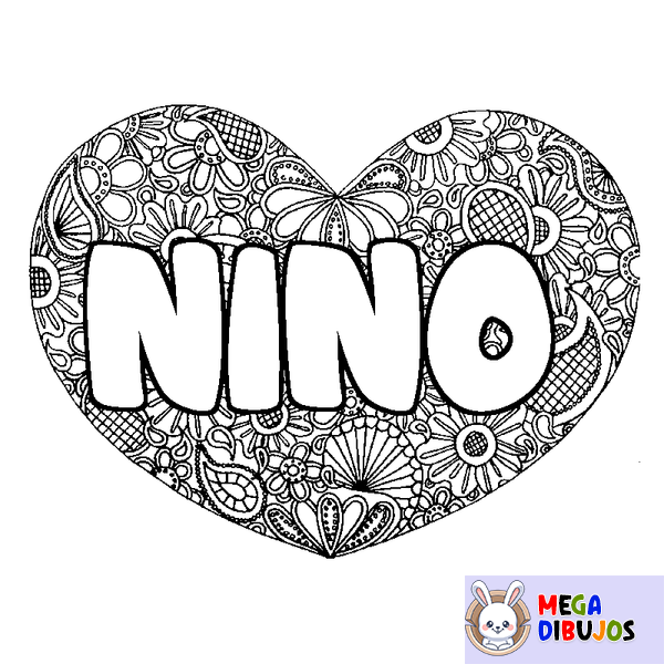 Coloraci&oacute;n del nombre NINO - decorado mandala de coraz&oacute;n