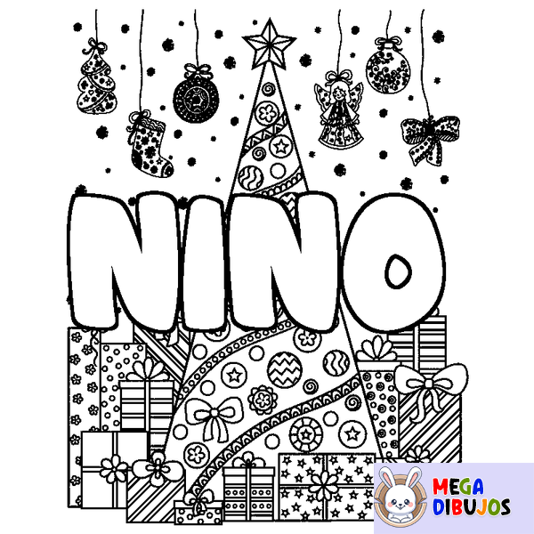 Coloraci&oacute;n del nombre NINO - decorado &aacute;rbol de Navidad y regalos