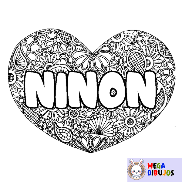 Coloraci&oacute;n del nombre NINON - decorado mandala de coraz&oacute;n