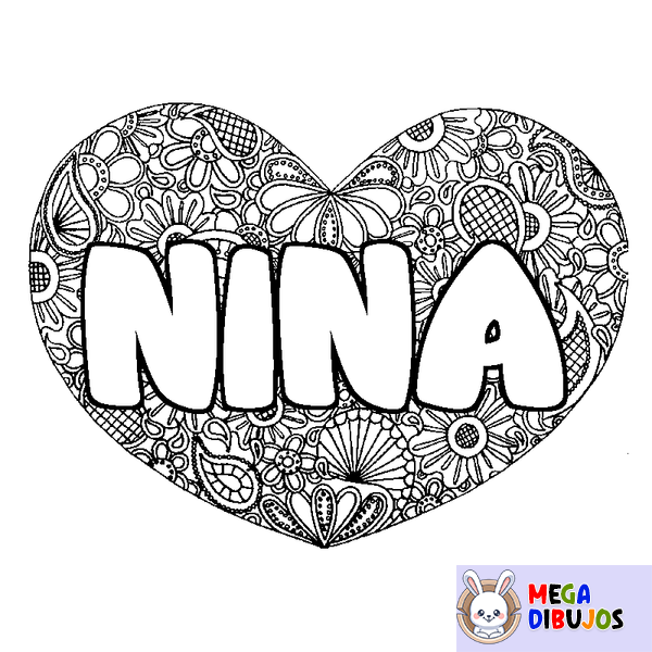 Coloraci&oacute;n del nombre NINA - decorado mandala de coraz&oacute;n