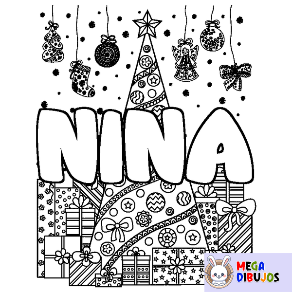 Coloraci&oacute;n del nombre NINA - decorado &aacute;rbol de Navidad y regalos