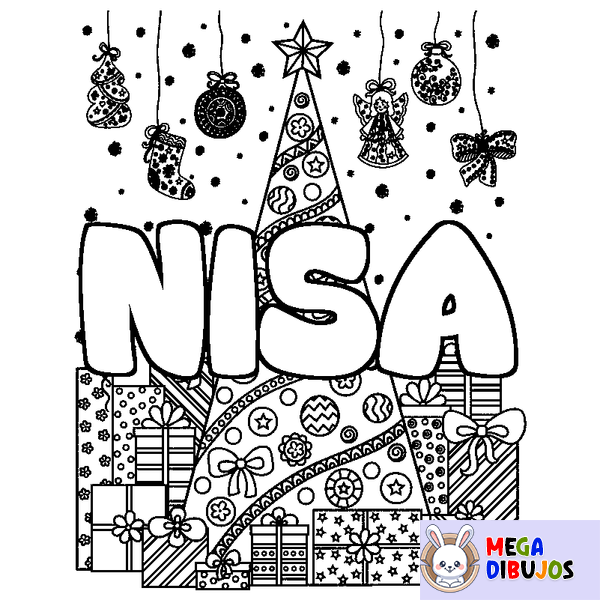 Coloraci&oacute;n del nombre NISA - decorado &aacute;rbol de Navidad y regalos