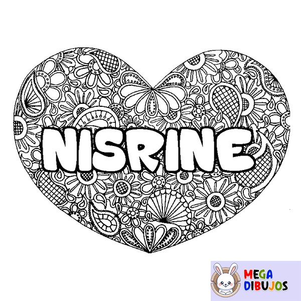 Coloraci&oacute;n del nombre NISRINE - decorado mandala de coraz&oacute;n