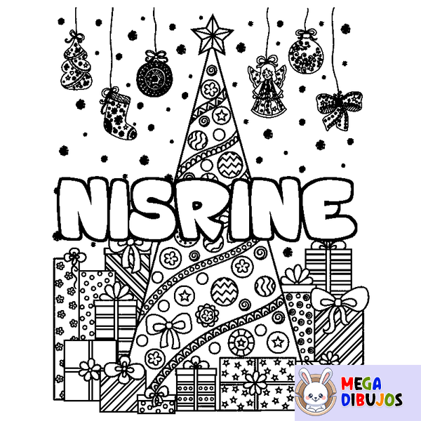 Coloraci&oacute;n del nombre NISRINE - decorado &aacute;rbol de Navidad y regalos
