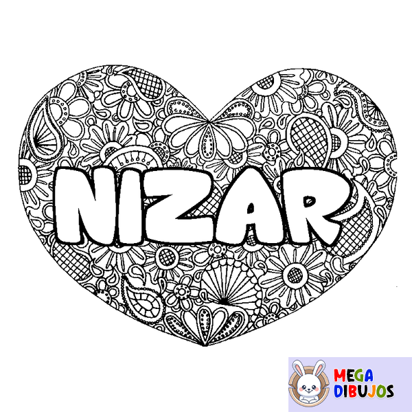 Coloraci&oacute;n del nombre NIZAR - decorado mandala de coraz&oacute;n
