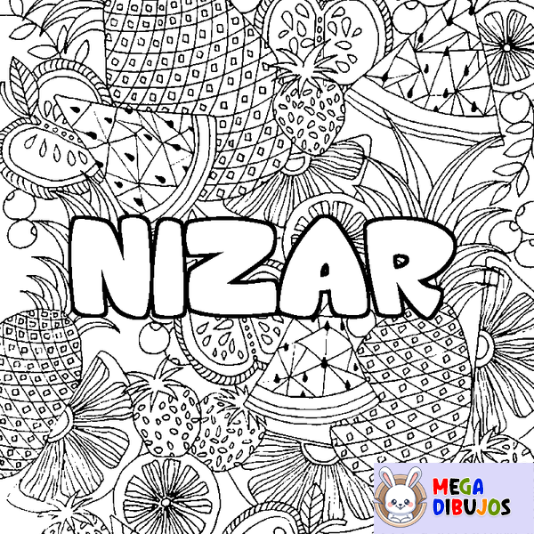 Coloraci&oacute;n del nombre NIZAR - decorado mandala de frutas