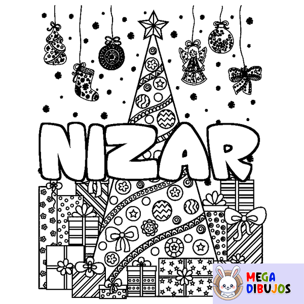 Coloraci&oacute;n del nombre NIZAR - decorado &aacute;rbol de Navidad y regalos