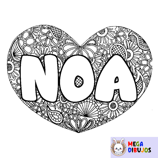 Coloraci&oacute;n del nombre NOA - decorado mandala de coraz&oacute;n