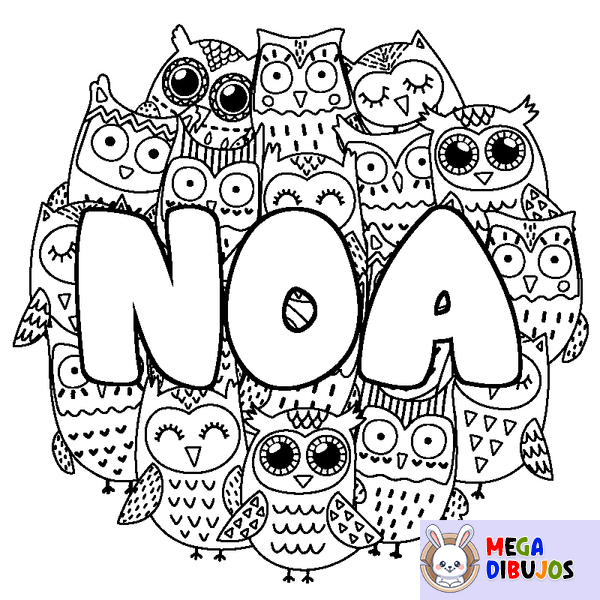 Coloraci&oacute;n del nombre NOA - decorado b&uacute;hos