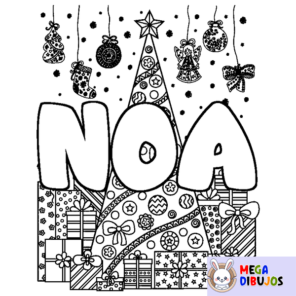 Coloraci&oacute;n del nombre NOA - decorado &aacute;rbol de Navidad y regalos