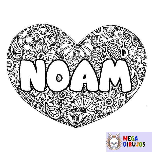 Coloraci&oacute;n del nombre NOAM - decorado mandala de coraz&oacute;n