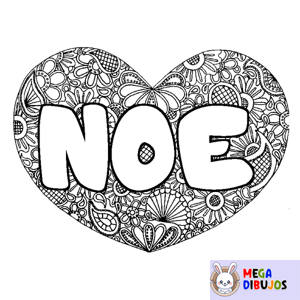 Coloraci&oacute;n del nombre NOE - decorado mandala de coraz&oacute;n