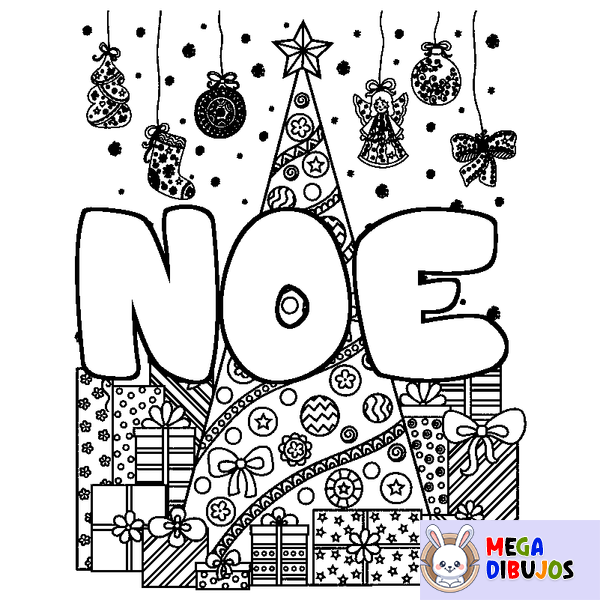 Coloraci&oacute;n del nombre NOE - decorado &aacute;rbol de Navidad y regalos
