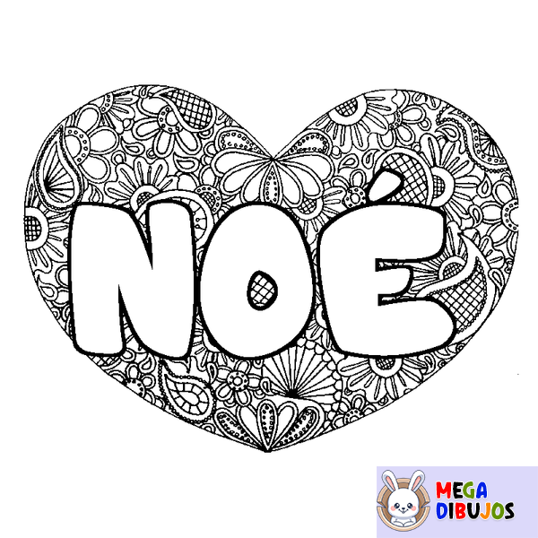 Coloraci&oacute;n del nombre NO&Eacute; - decorado mandala de coraz&oacute;n
