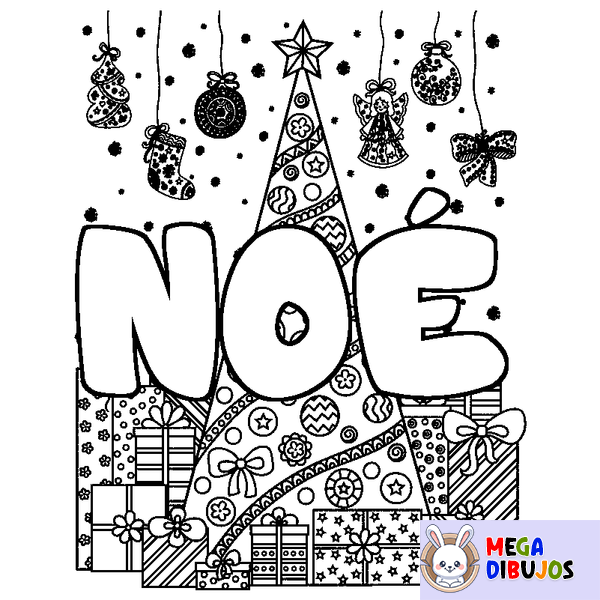 Coloraci&oacute;n del nombre NO&Eacute; - decorado &aacute;rbol de Navidad y regalos