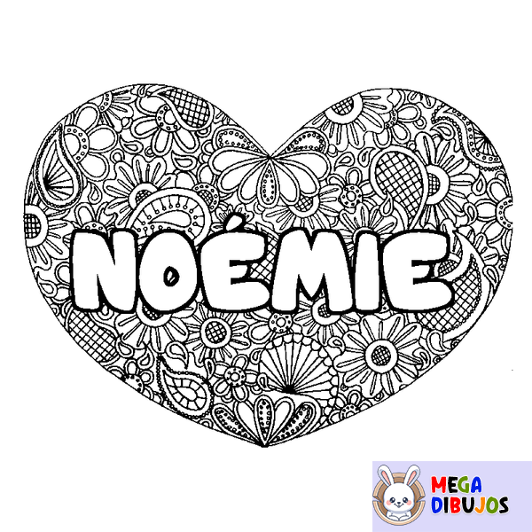 Coloraci&oacute;n del nombre NO&Eacute;MIE - decorado mandala de coraz&oacute;n