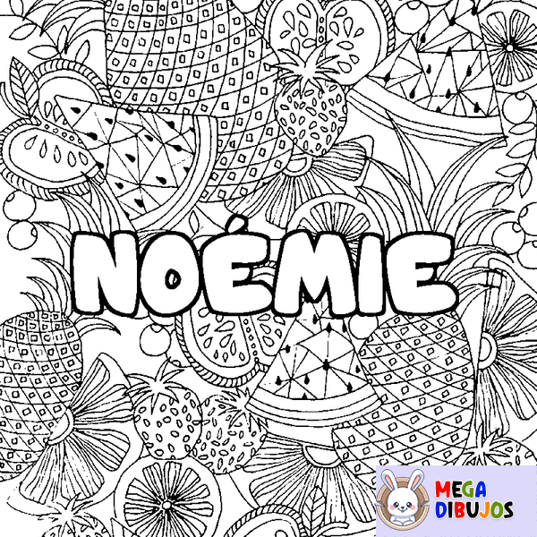 Coloraci&oacute;n del nombre NO&Eacute;MIE - decorado mandala de frutas