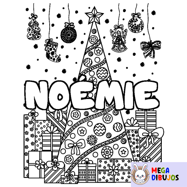 Coloraci&oacute;n del nombre NO&Eacute;MIE - decorado &aacute;rbol de Navidad y regalos