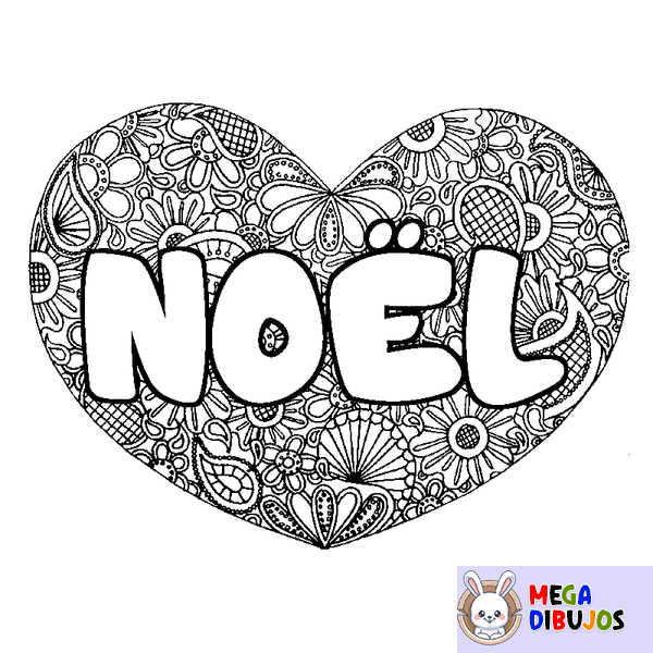 Coloraci&oacute;n del nombre NO&Euml;L - decorado mandala de coraz&oacute;n