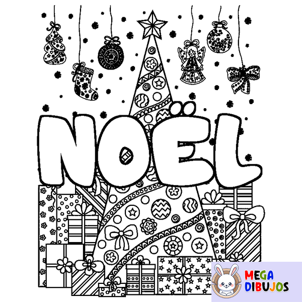 Coloraci&oacute;n del nombre NO&Euml;L - decorado &aacute;rbol de Navidad y regalos