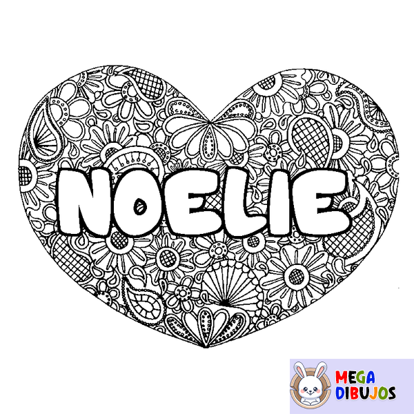 Coloraci&oacute;n del nombre NOELIE - decorado mandala de coraz&oacute;n