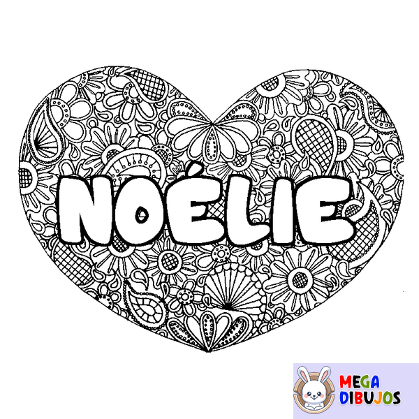 Coloraci&oacute;n del nombre NO&Eacute;LIE - decorado mandala de coraz&oacute;n
