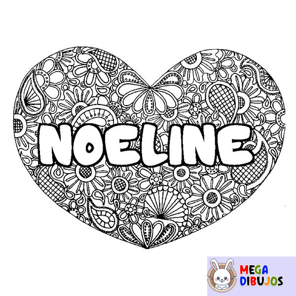 Coloraci&oacute;n del nombre NOELINE - decorado mandala de coraz&oacute;n