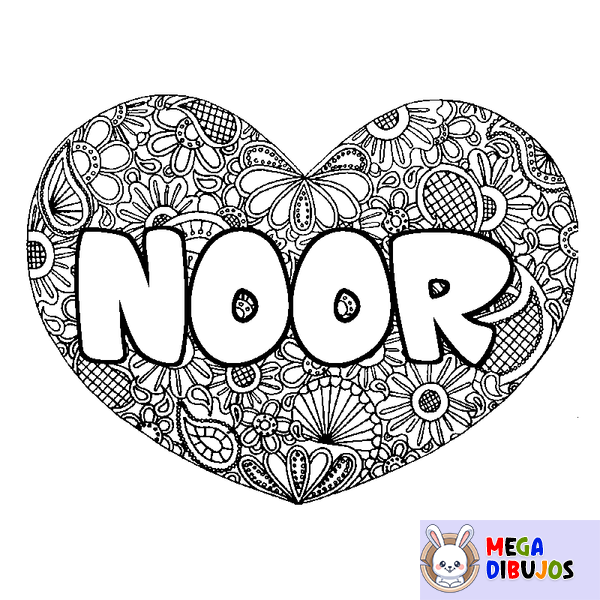 Coloraci&oacute;n del nombre NOOR - decorado mandala de coraz&oacute;n